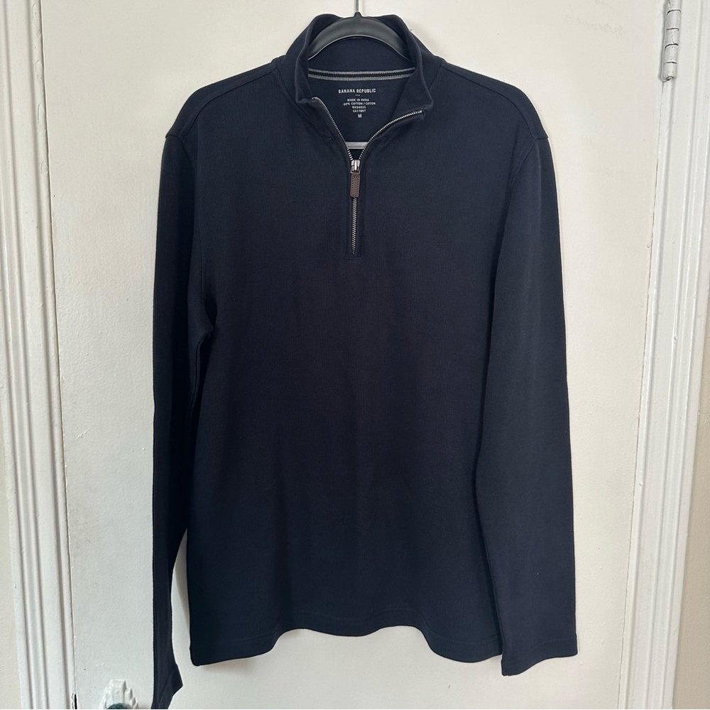 Banana Republic Men’s Size Medium French Rib Mock 1/4 Zip Sweater Elbow Patches